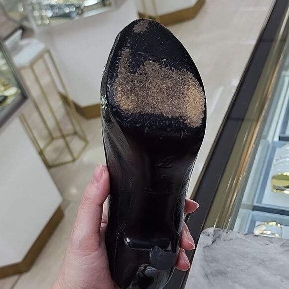 Authentic Louis Vuitton Green Vernis & Gold Peep Toe Pumps Heels shoes SZ 36 - Picture 4 of 9